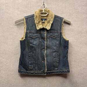 Gap Vest Womens XL Blue‎ Denim Faux Fur Sherpa Lined Button Front Vintage